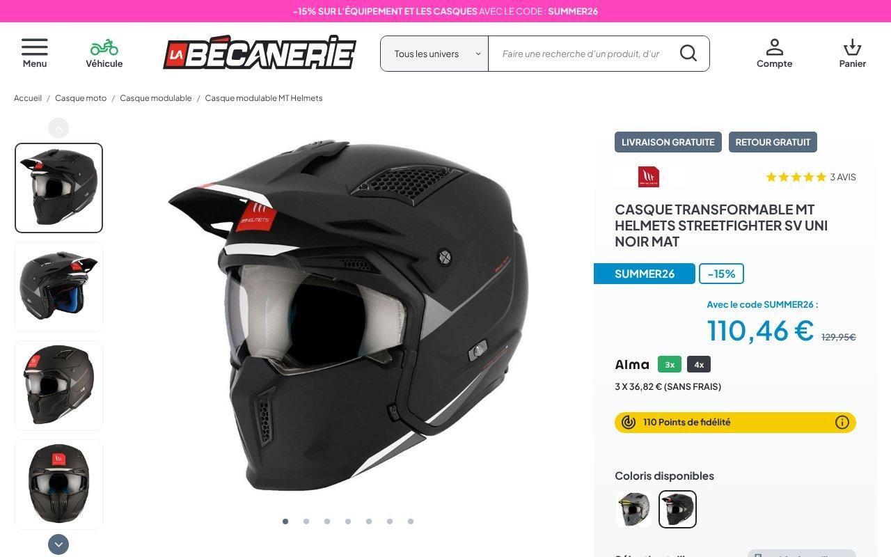 Casque
transformable MT Helmets Streetfighter SV uni noir mat