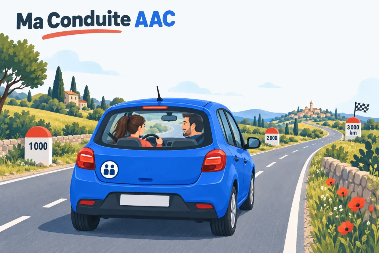 Jeune conductrice en conduite accompagnée avec son parent, bornes des 1 000, 2 000 et 3 000 km
